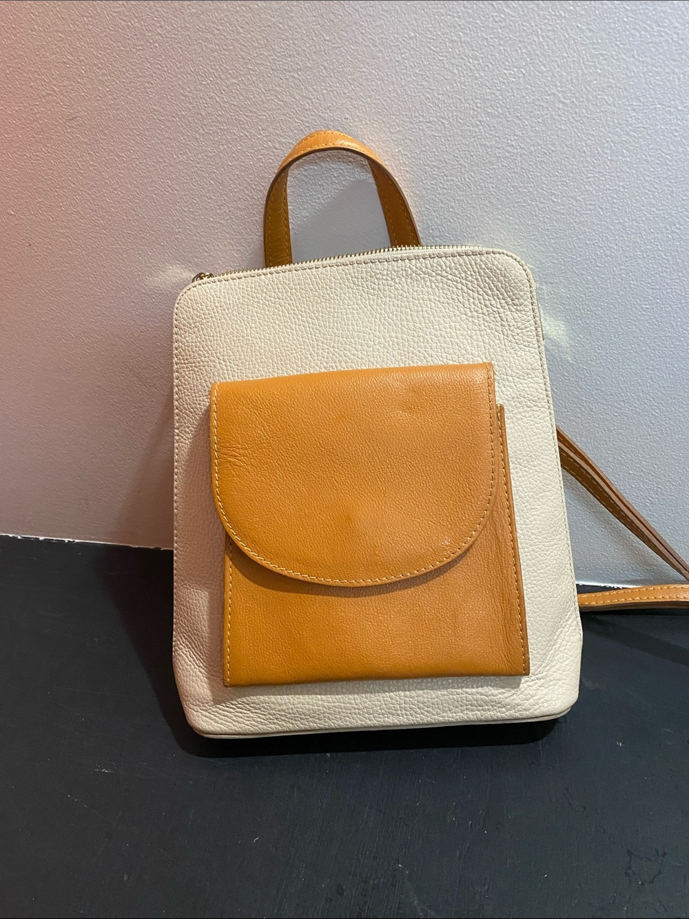 Cream and Tan Two-Tone Leather Women's Backpack